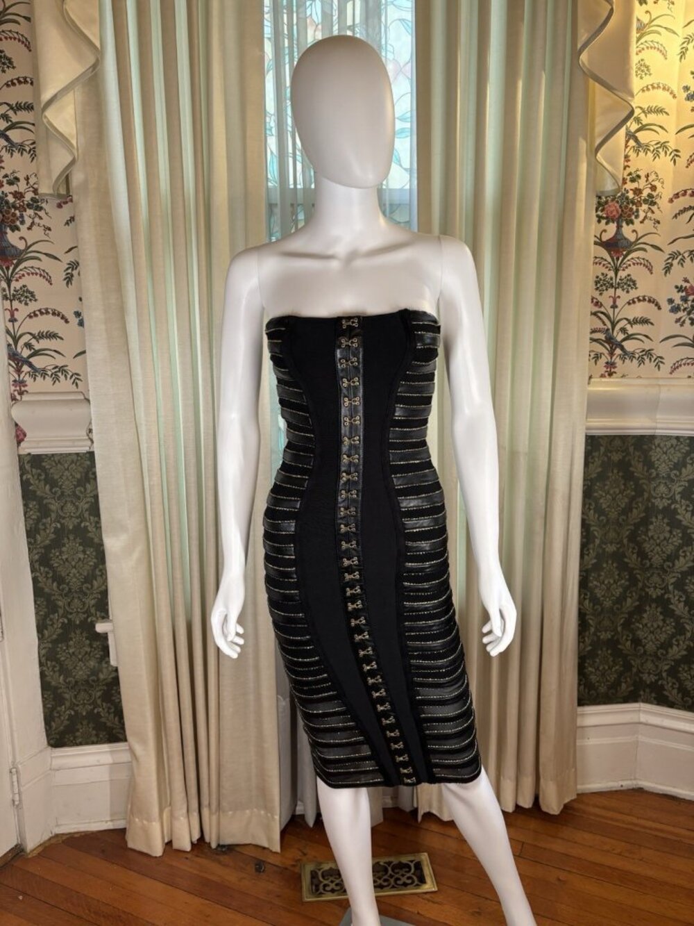 Black Gold Faux Leather Mesh Bandage Strapless Dress Size S Chain Clasp Bodycon